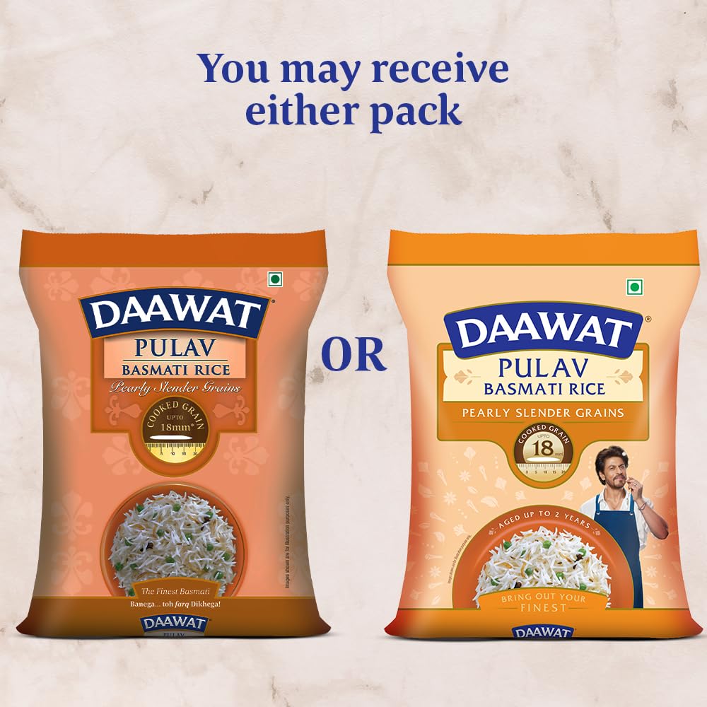 Daawat Pulav Basmati Rice 5Kg| Pearly slender Grains| Cooked Grain Upto 18mm*| Long & Fluffy Pulav Rice