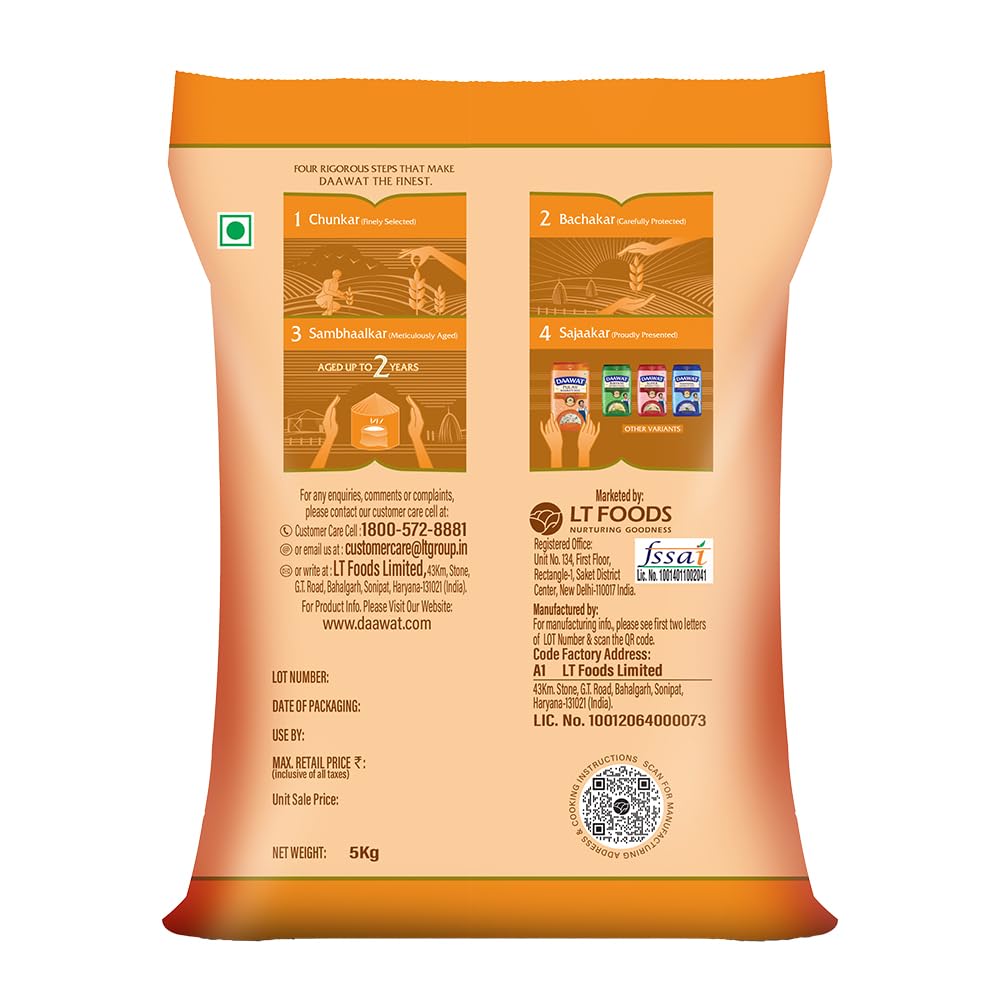 Daawat Pulav Basmati Rice 5Kg| Pearly slender Grains| Cooked Grain Upto 18mm*| Long & Fluffy Pulav Rice