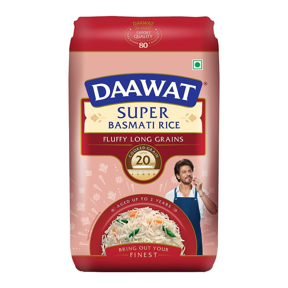 Daawat Super Basmati Rice 1Kg | Fluffy Long Grains| Cooked upto 20mm*
