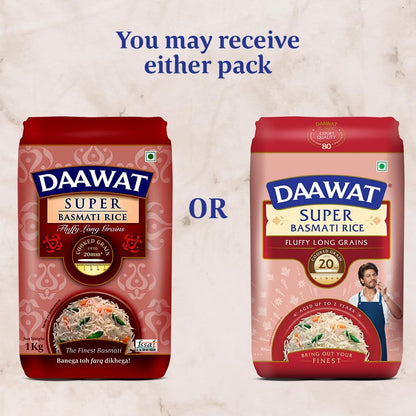 Daawat Super Basmati Rice 1Kg | Fluffy Long Grains| Cooked upto 20mm*