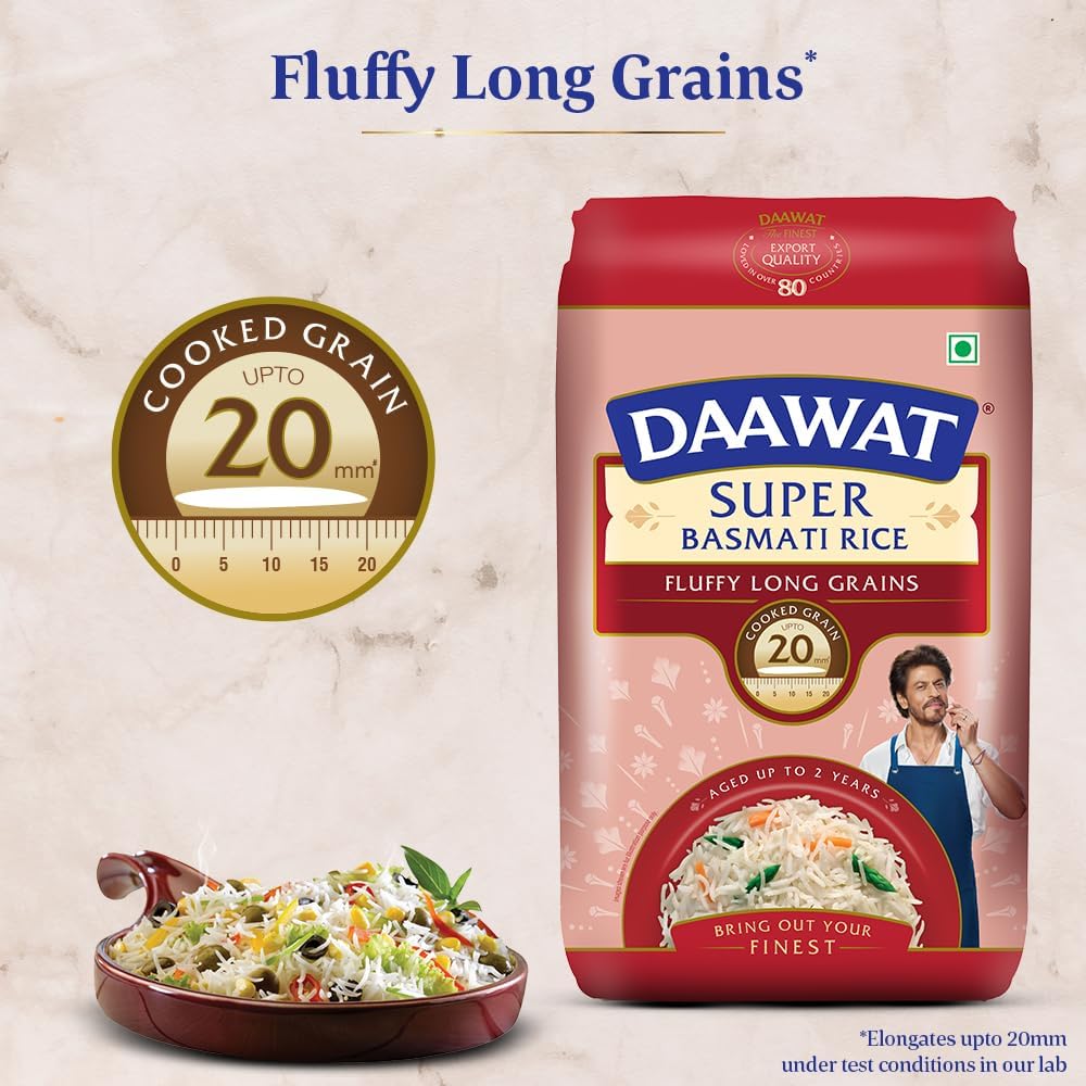 Daawat Super Basmati Rice 1Kg | Fluffy Long Grains| Cooked upto 20mm*
