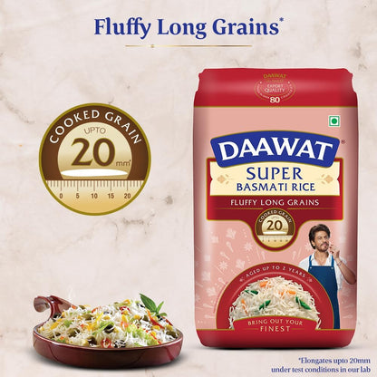 Daawat Super Basmati Rice 1Kg | Fluffy Long Grains| Cooked upto 20mm*
