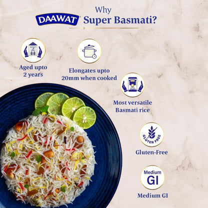 Daawat Super Basmati Rice 1Kg | Fluffy Long Grains| Cooked upto 20mm*
