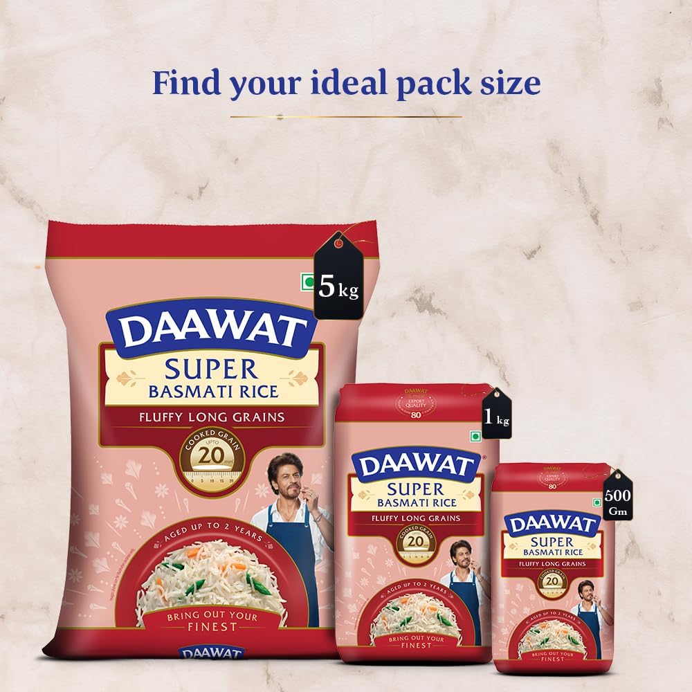 Daawat Super Basmati Rice 1Kg | Fluffy Long Grains| Cooked upto 20mm*
