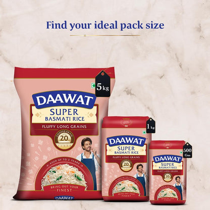 Daawat Super Basmati Rice 1Kg | Fluffy Long Grains| Cooked upto 20mm*