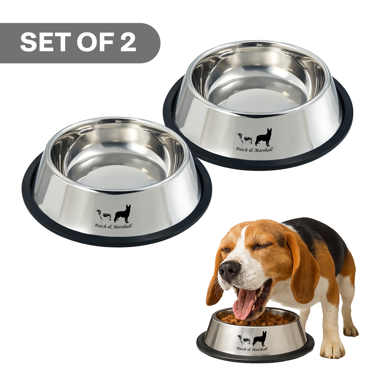 Set of two stainless steel dog bowls with a dog eating from one of them on a white background.