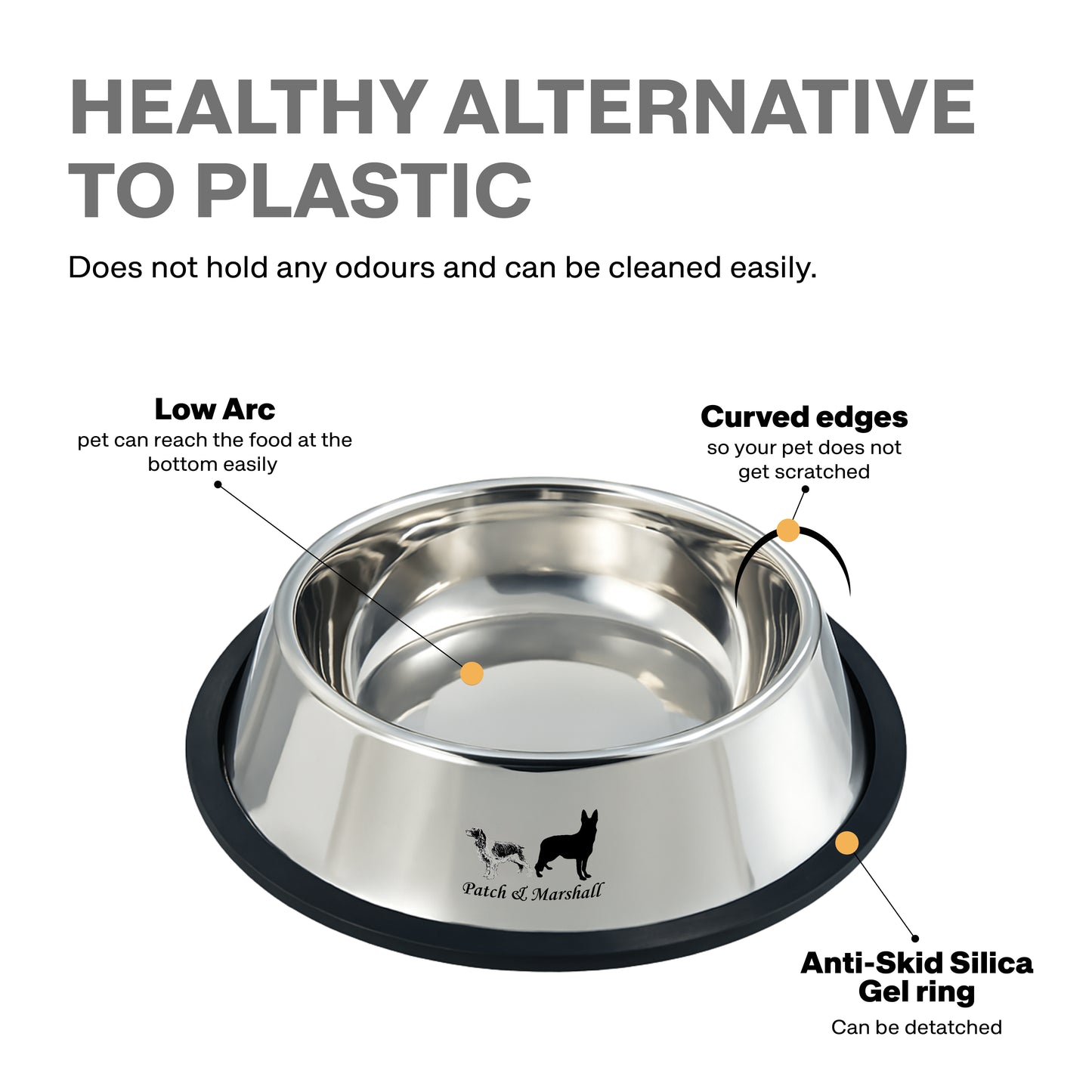 Stainless steel pet bowl with features highlighted on a white background