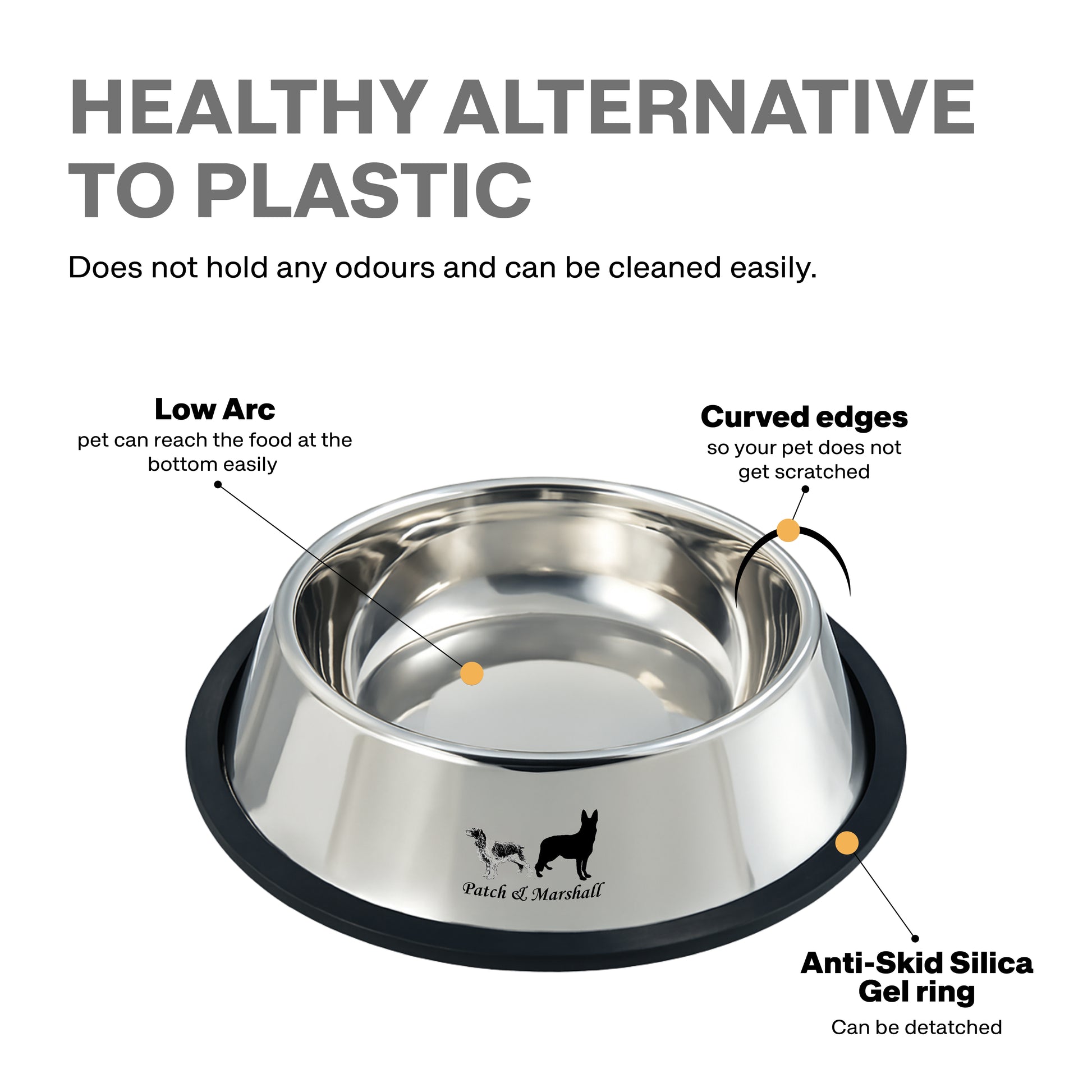 Stainless steel pet bowl with features highlighted on a white background