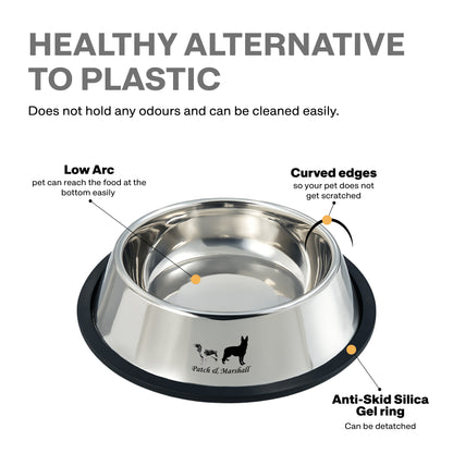 Stainless steel pet bowl with features highlighted on a white background