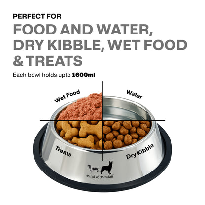Dog food bowl with compartments for dry kibble, wet food, treats, and water, labeled 'Perfect for Food and Water, Dry Kibble, Wet Food & Treats'.