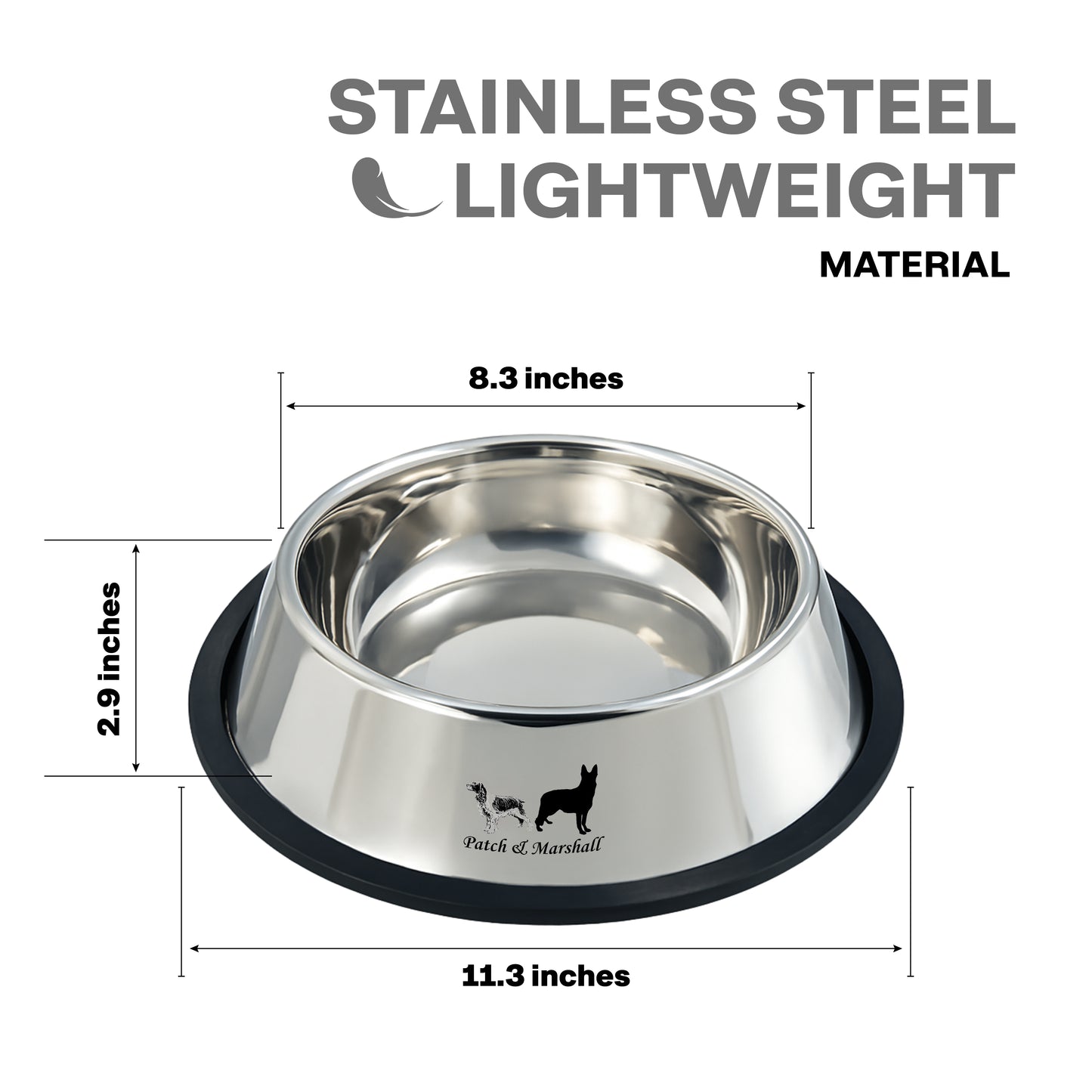 Stainless steel dog bowl with dimensions and material information on a white background