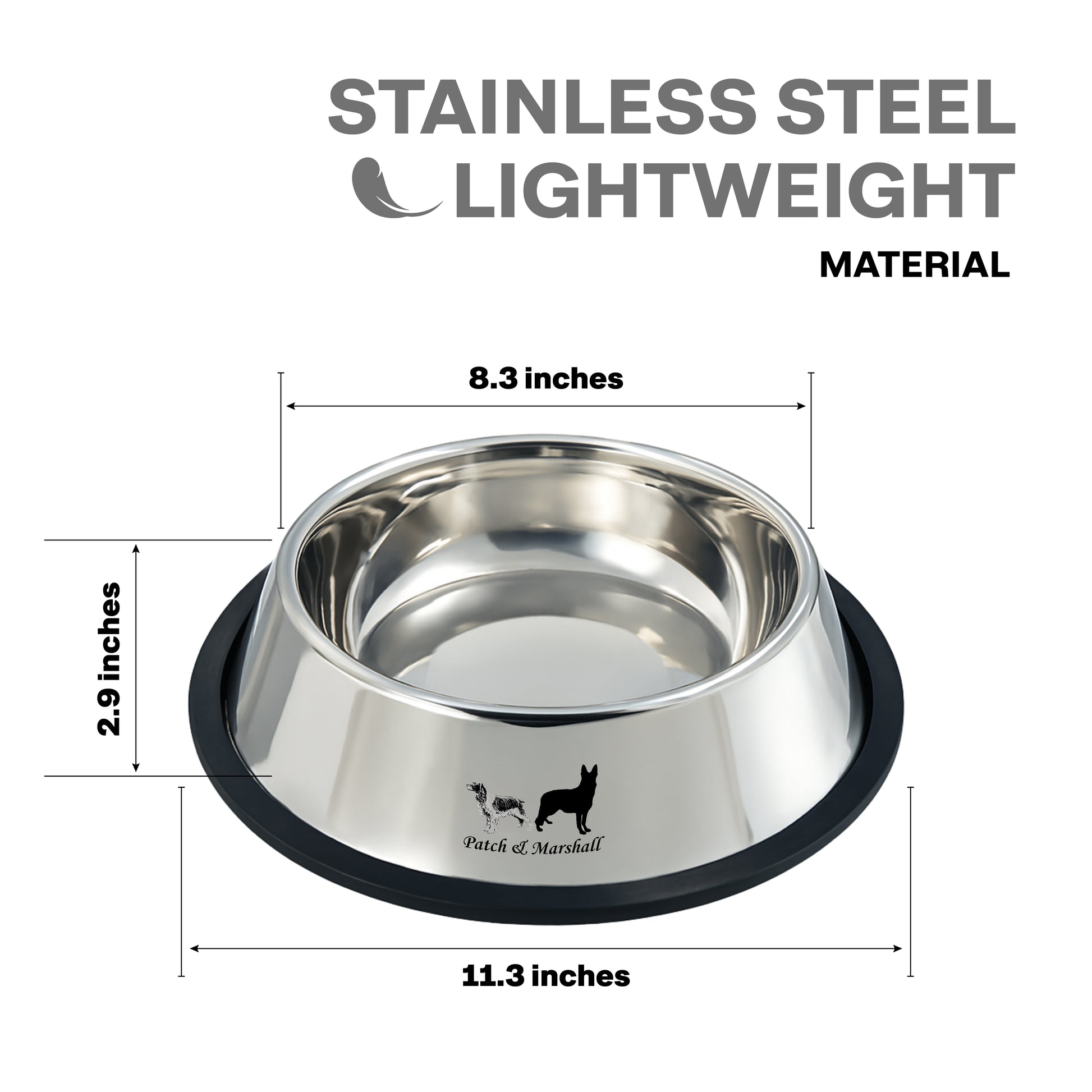 Stainless steel dog bowl with dimensions and material information on a white background