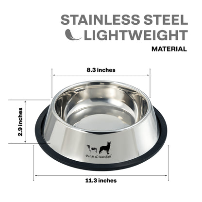 Stainless steel dog bowl with dimensions and material information on a white background