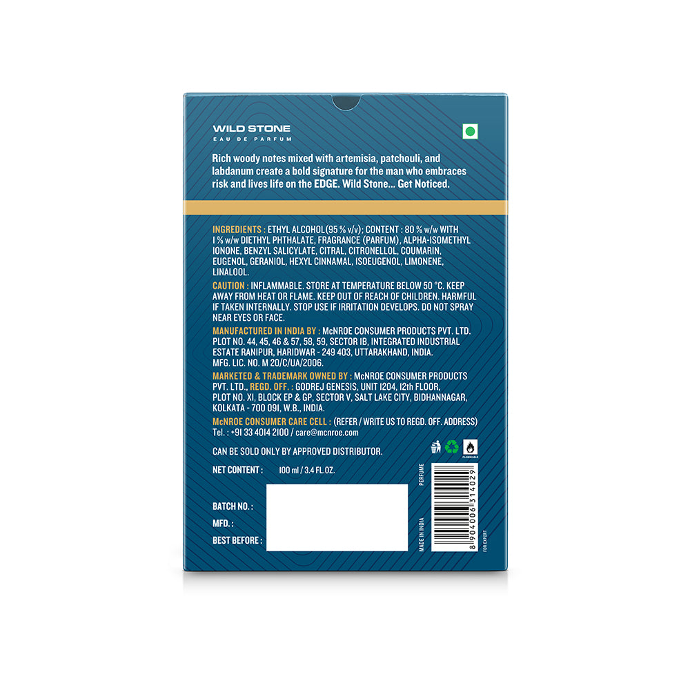 Wild Stone Edge Eau de Parfum for Men, 100 ml (3.4 Fl oz) | Long-Lasting Woody Fragrance | Up to 8 Hours Stay | Skin-Friendly | Budget Perfume for Modern Men