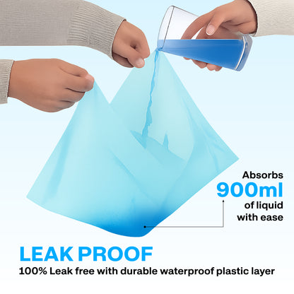 Leak-proof plastic bag absorbing liquid with text indicating capacity and durability.