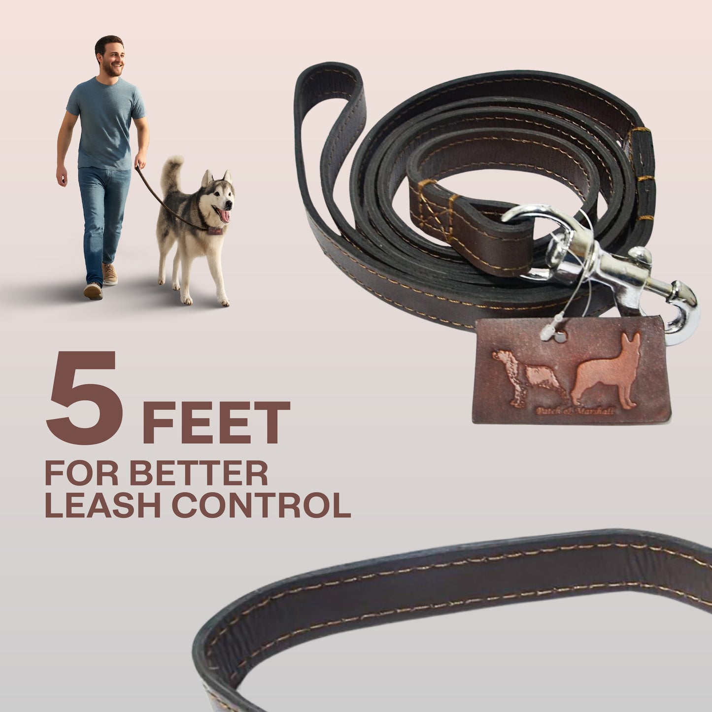 Dog leash with engraved dog design, man walking dog, and text '5 Feet for Better Leash Control' on a light background