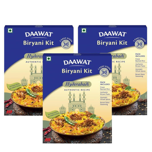 Daawat Hyderabadi Biryani Kit (Pack of 3) | Ready in 30 Minutes | Authentic Biryani Meal Kit with Premium Basmati Rice & Spices | 327gm x 3| 981 gm | 2.16 lbs