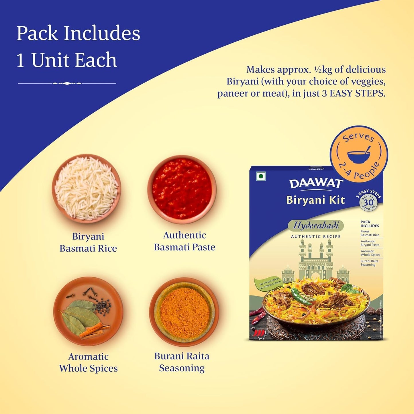 Daawat Hyderabadi Biryani Kit (Pack of 3) | Ready in 30 Minutes | Authentic Biryani Meal Kit with Premium Basmati Rice & Spices | 327gm x 3| 981 gm | 2.16 lbs
