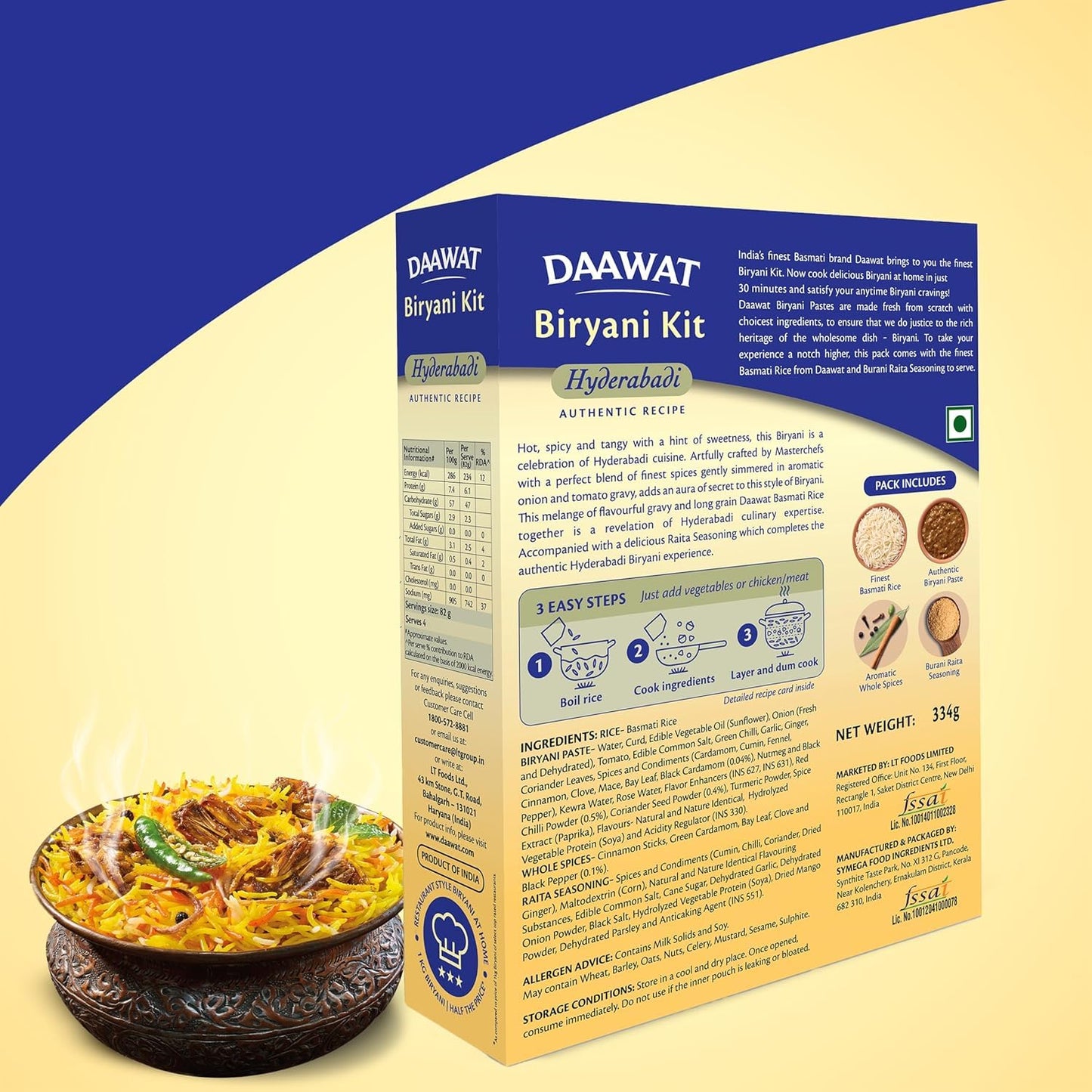 Daawat Hyderabadi Biryani Kit (Pack of 3) | Ready in 30 Minutes | Authentic Biryani Meal Kit with Premium Basmati Rice & Spices | 327gm x 3| 981 gm | 2.16 lbs