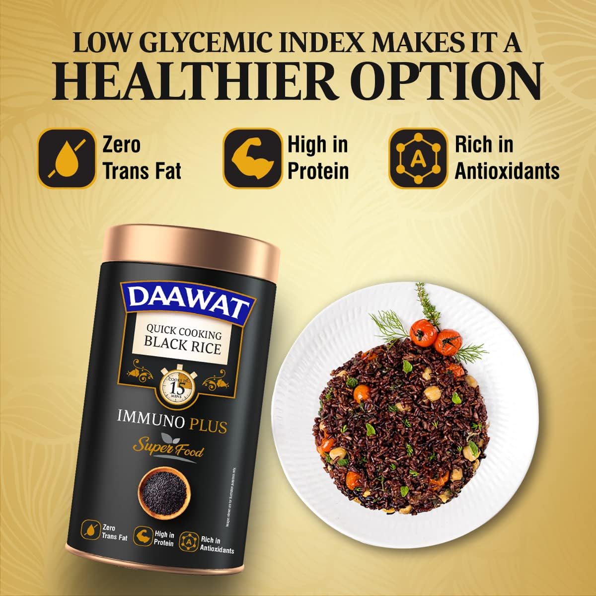 Daawat Black Rice Immuno Plus | 1KG Pack | Superfood with High Protein, Rich in Antioxidants, Low Fat & High Fibre | Whole Grain Gluten-Free Rice | Immunity Booster