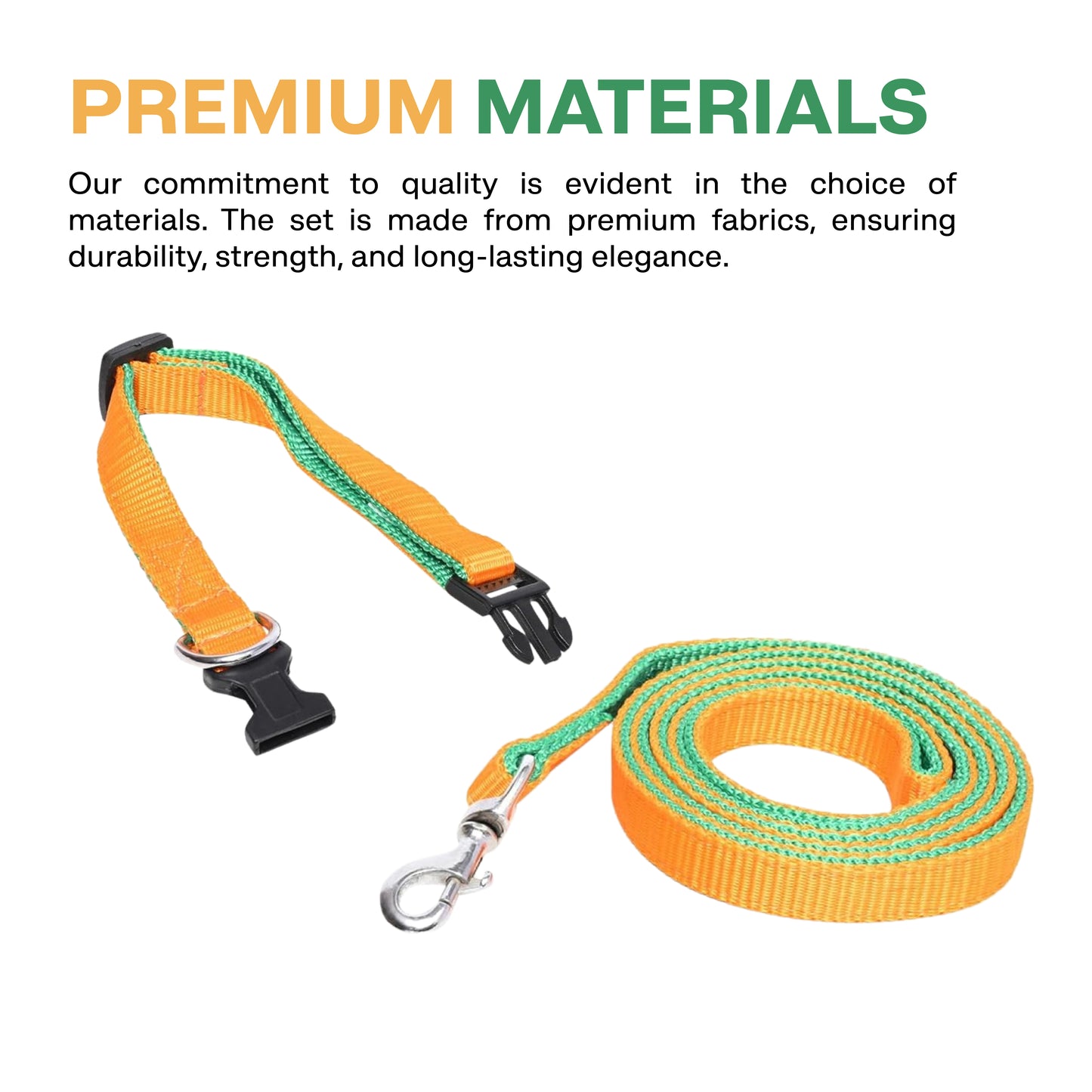 Orange and green dog leash with black clip on a white background, featuring text about premium materials.
