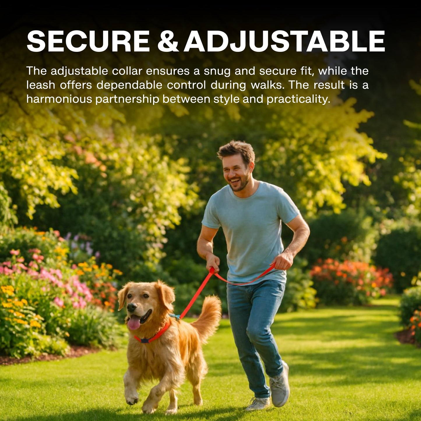 Man walking a dog in a park with text about secure and adjustable collars and leashes.