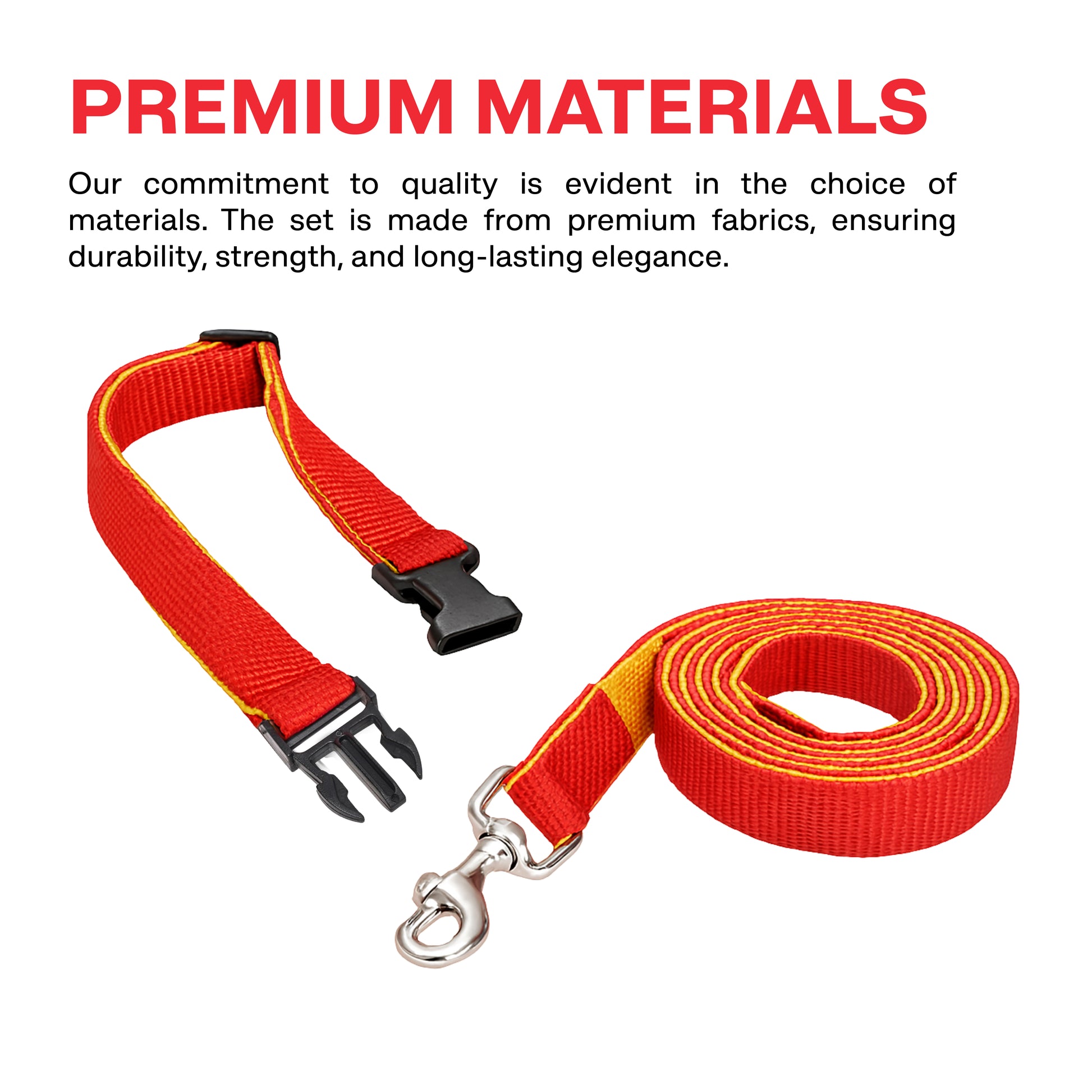 Red dog leash with black clip and silver clasp on a white background, featuring text about premium materials.