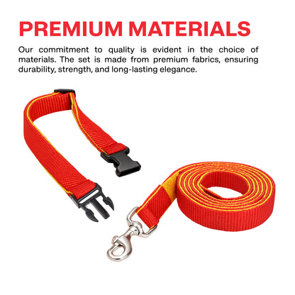 Red dog leash with black clip and silver clasp on a white background, featuring text about premium materials.