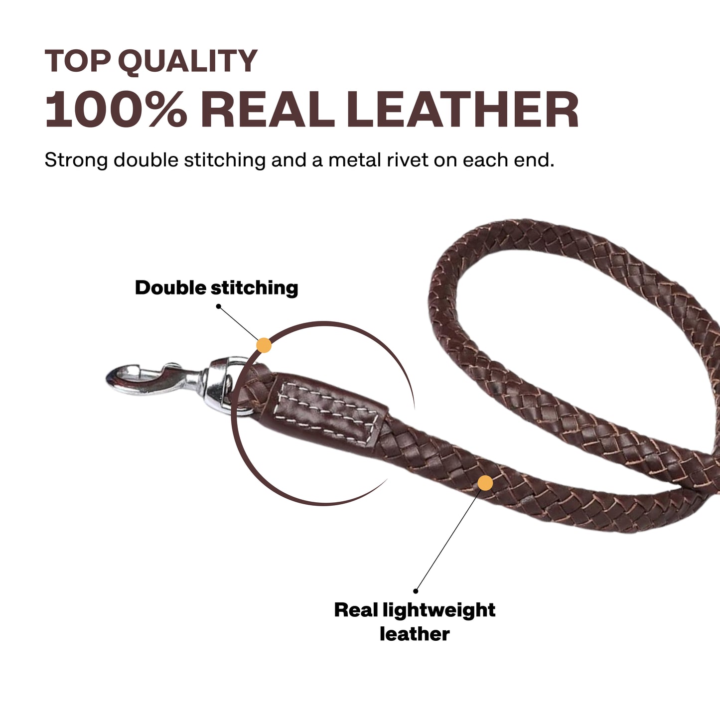 Brown leather dog leash with features highlighted on a white background