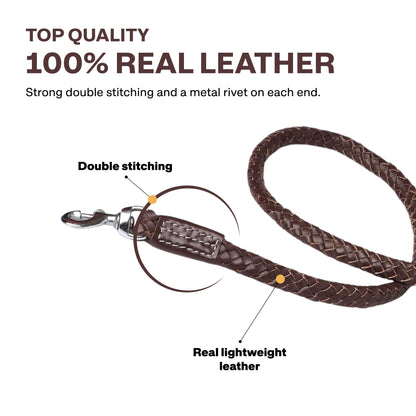 Brown leather dog leash with features highlighted on a white background