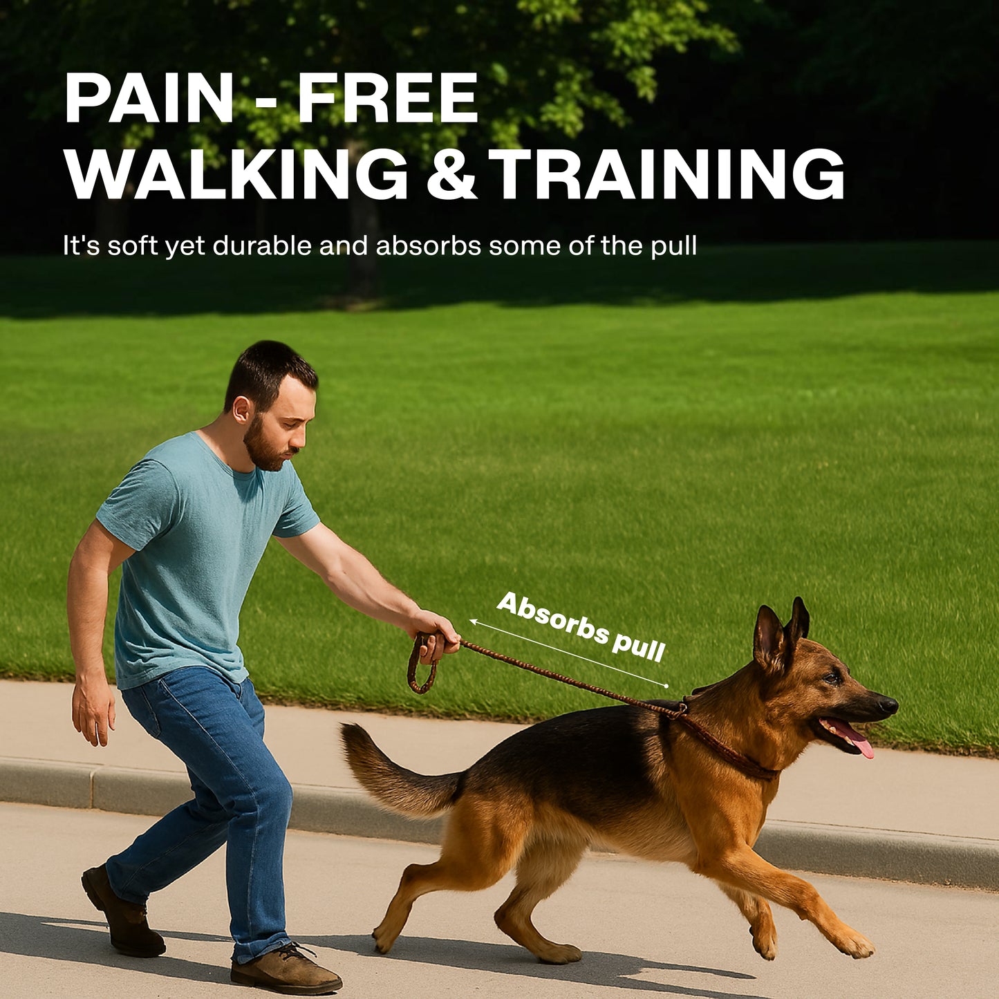 Man walking a dog on a leash with text about pain-free walking and training.