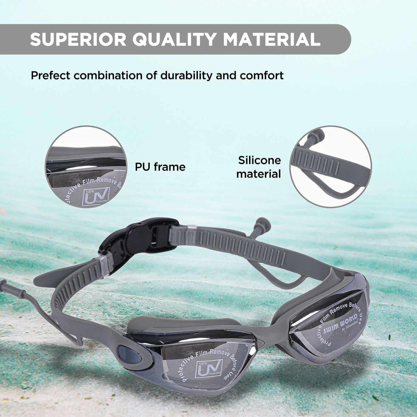 ENDLESS EL1005 Stylish Swimming Goggle with Anti-Fog and UV Protection | Material: Silicon, PU | Attached Ear Buds and Adjustable Strap | Soft Silicone Gasket for Leak Proof | With Hard Case