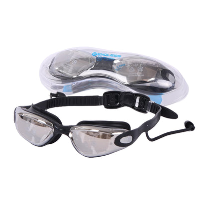 ENDLESS EL1005 Stylish Swimming Goggle with Anti-Fog and UV Protection | Material: Silicon, PU | Attached Ear Buds and Adjustable Strap | Soft Silicone Gasket for Leak Proof | With Hard Case