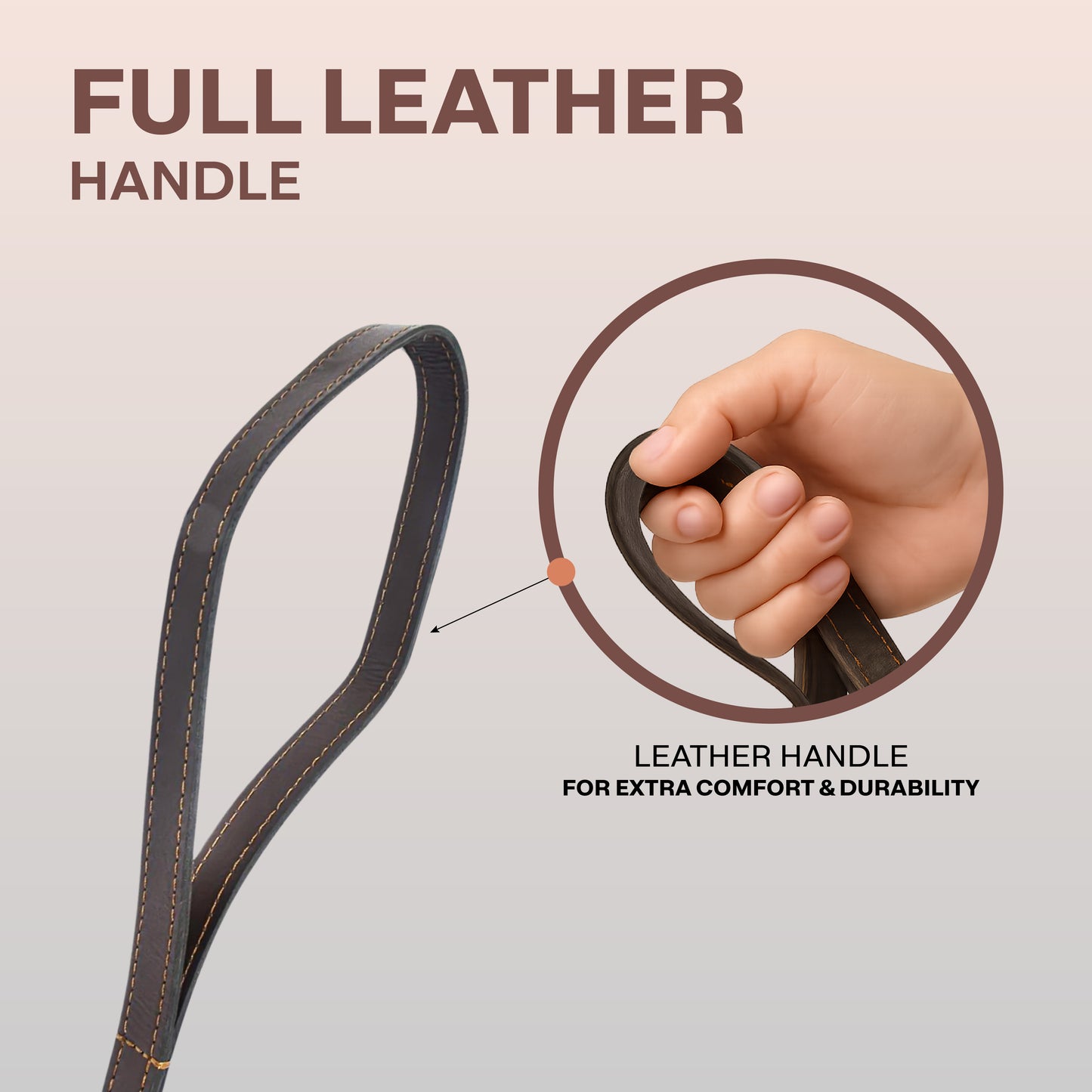Full leather handle with a hand holding it, emphasizing comfort and durability.
