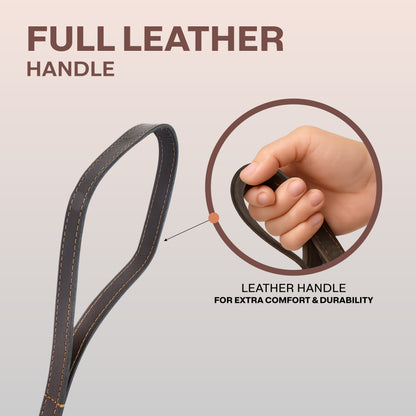 Full leather handle with a hand holding it, emphasizing comfort and durability.