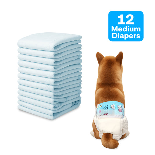 Stack of light blue dog diapers with a dog wearing a diaper and '12 Medium Diapers' text on a white background.