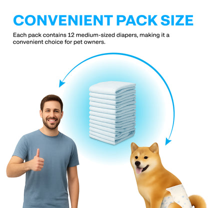 Man and dog with a stack of diapers, highlighting convenient pack size for pet owners.