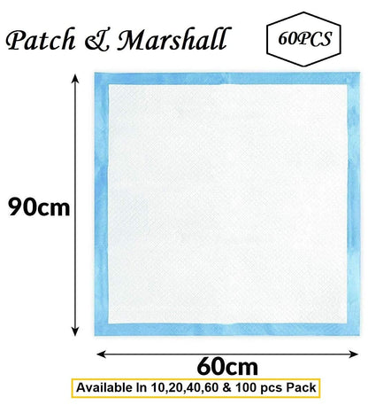 Patch & Marshall Training Pads – Rapid Dry Non-Woven Pads with Odor Control and Adhesive Tape | White | XL 60x90 cm | 60 Pads + 200 ml Odor Remover | Suitable for All Breeds