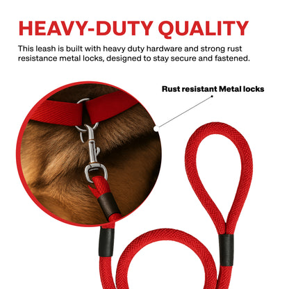 Red dog leash with metal locks on a white background, highlighting heavy-duty quality.