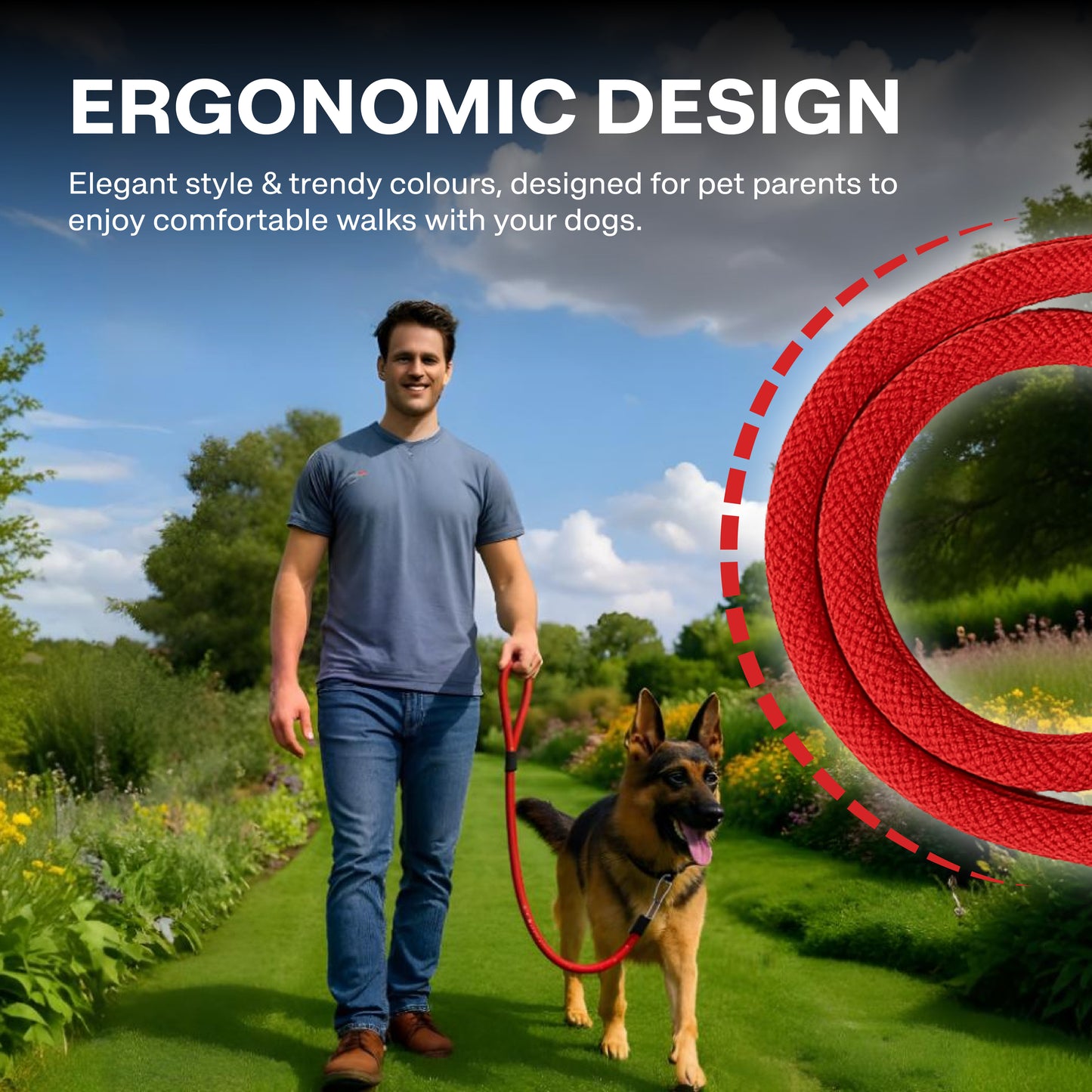 Man walking a dog on a leash with an inset showing the ergonomic design of the leash.