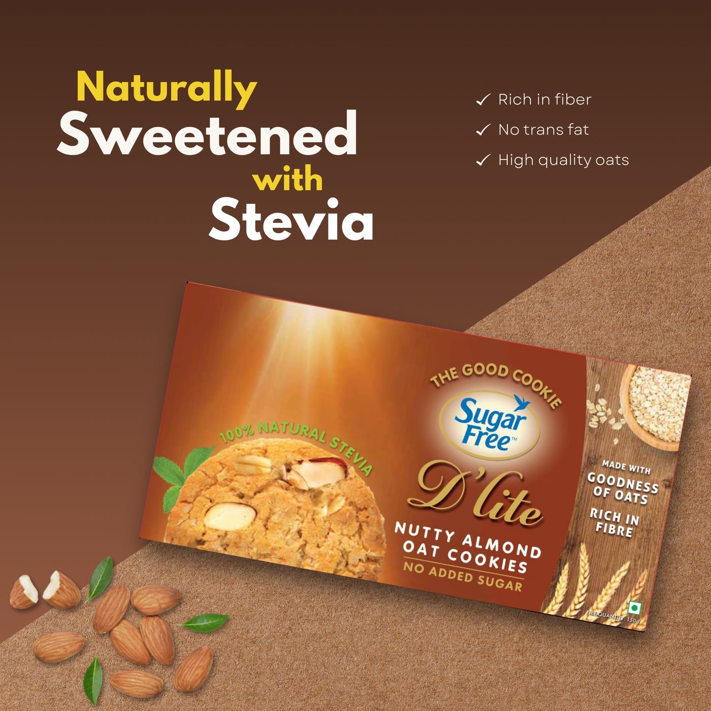 Sugar Free Almond Cookies, Crunchy Nutty Biscuits with Almonds, No Added Sugar Cookies for Snacking, Tea-Time Cookies, 150g (Pack of 3, 450g)