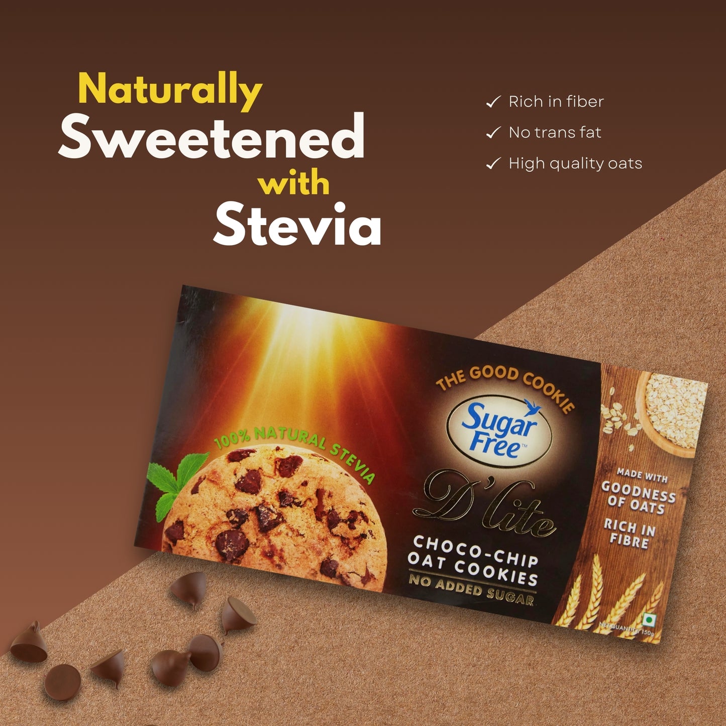 Sugar Free Chocolate Chip Cookies, Crunchy Cookies with Choco Chips, No Added Sugar Biscuits for Snacking, Tea-Time Cookies, 150g (Pack of 3, 450g)