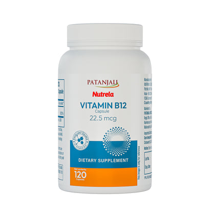 Patanjali Nutrela Vitamin B12 Supplement | 22.5 mcg Capsules for Energy, Focus & Nerve Support | Vegetarian | 120 Capsules