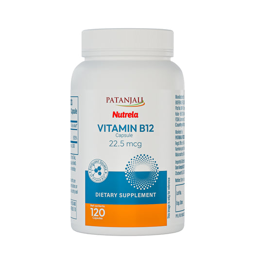 Patanjali Nutrela Vitamin B12 Supplement | 22.5 mcg Capsules for Energy, Focus & Nerve Support | Vegetarian | 120 Capsules