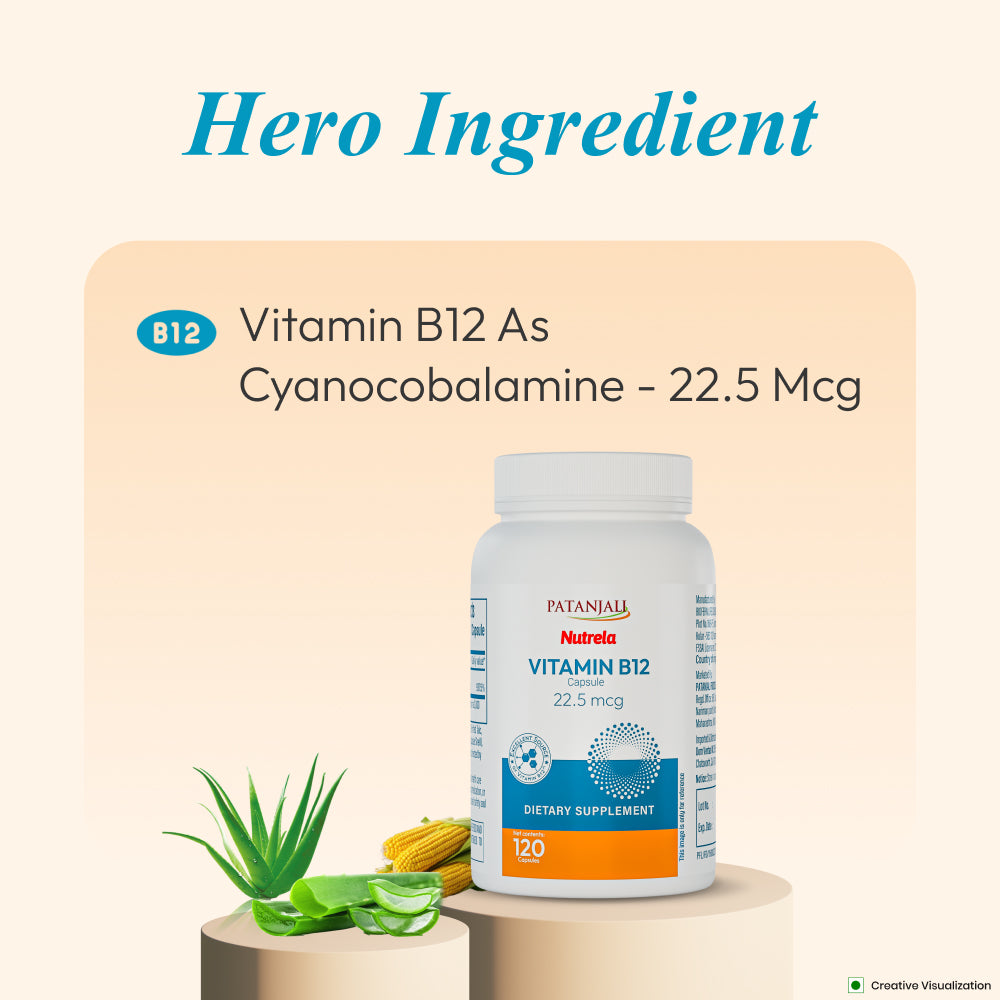 Patanjali Nutrela Vitamin B12 Supplement | 22.5 mcg Capsules for Energy, Focus & Nerve Support | Vegetarian | 120 Capsules