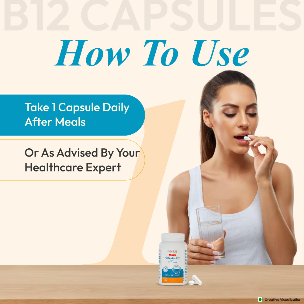 Patanjali Nutrela Vitamin B12 Supplement | 22.5 mcg Capsules for Energy, Focus & Nerve Support | Vegetarian | 120 Capsules