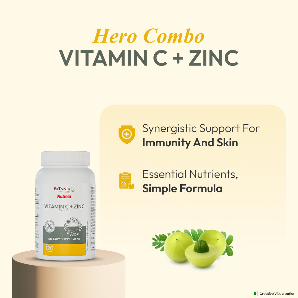 patanjali Nutrela Vitamin C + Zinc | Plant-Based Herbal Blend | Vegetarian Supplement for Adults | 120 Capsules