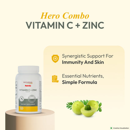 patanjali Nutrela Vitamin C + Zinc | Plant-Based Herbal Blend | Vegetarian Supplement for Adults | 120 Capsules