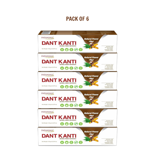 Patanjali Dant Kanti Natural Toothpaste 150 g / 5.29 fl oz | Herbal Ayurvedic Fluoride‑Free Toothpaste for Strong Teeth & Healthy Gums – Fresh Herbal Flavor - (Pack of 6)