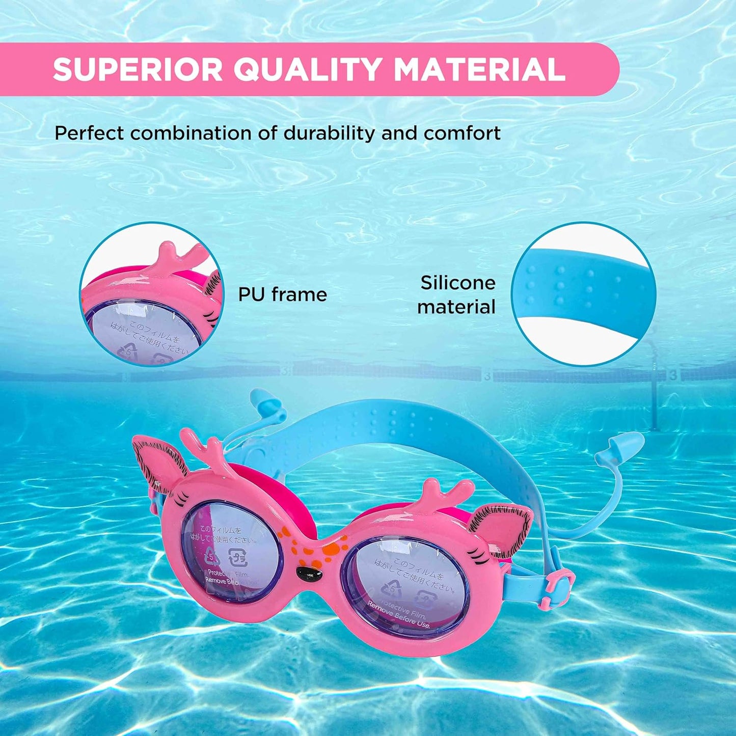 ENDLESS EL1003 Children Swimming Goggle with Anti-Fog and UV Protection | Material: Silicon, PU | Attached Ear Buds and Adjustable Strap | Soft Silicone Gasket for Leak Proof | With Hard Case